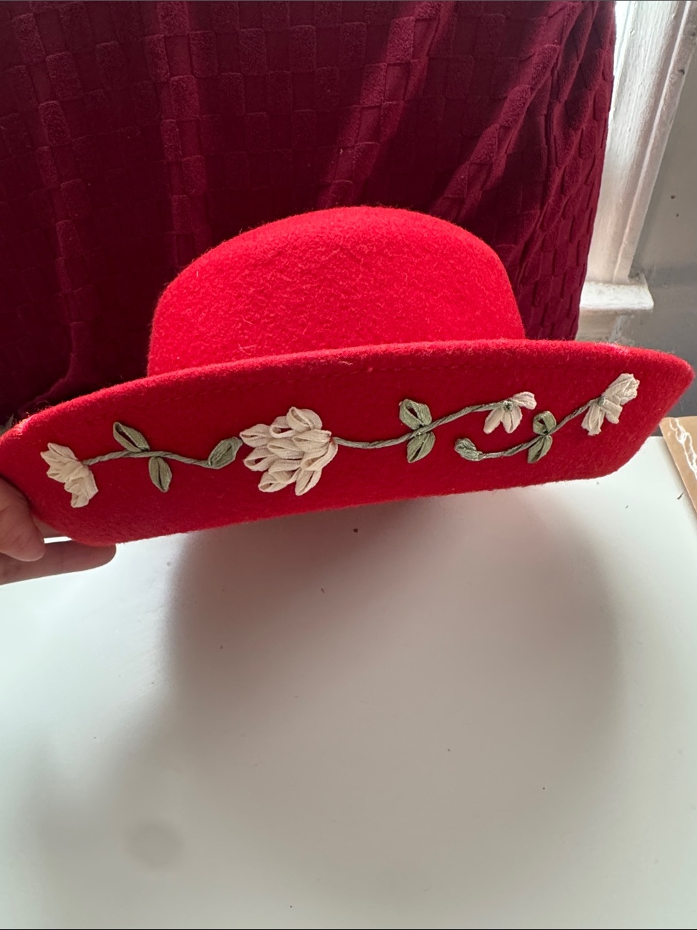 Red Embroidered Floral Wool Hat - Women Accessories